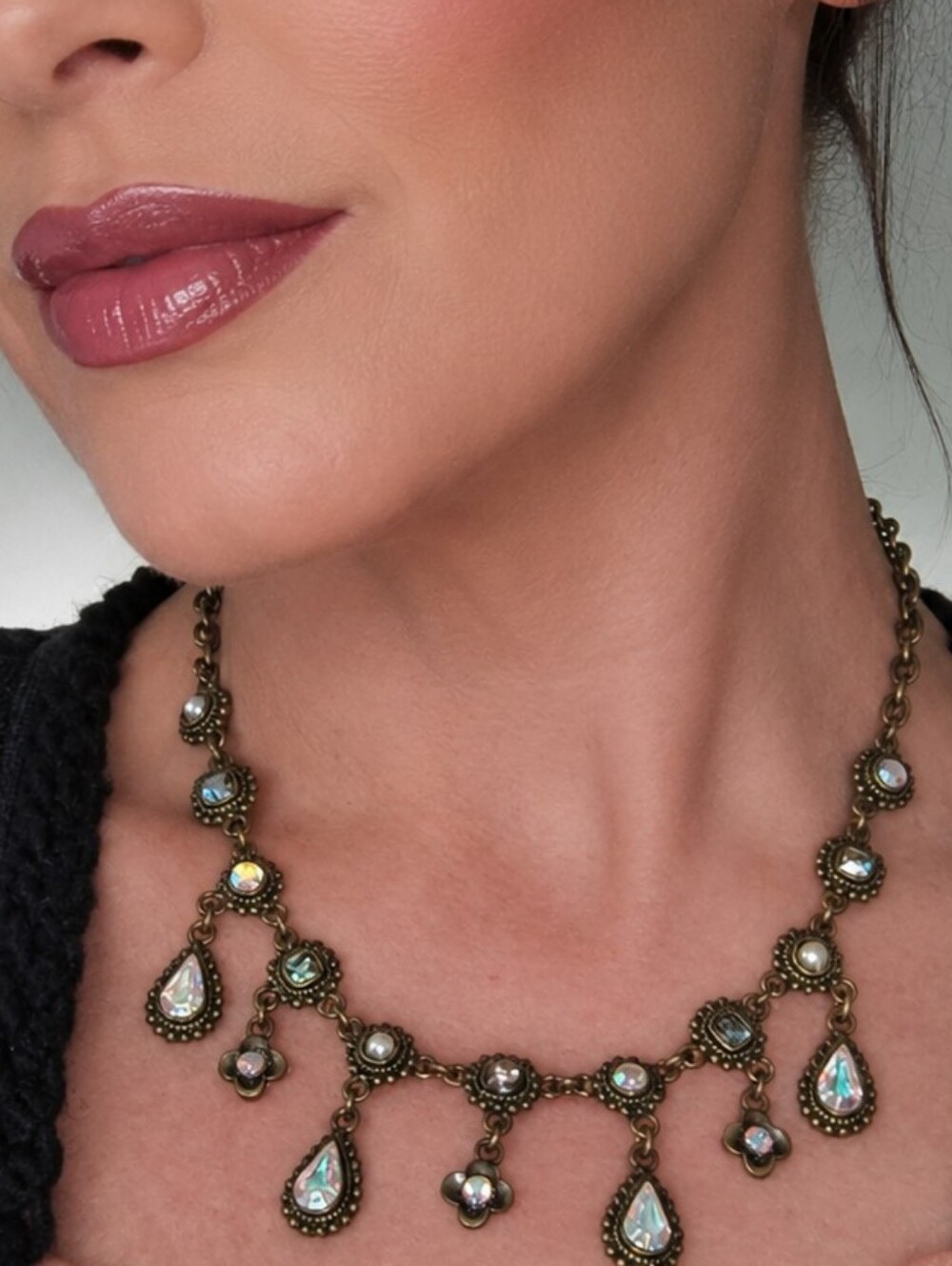 Vintage AB Crystal Antique Gold‎ Bib Necklace